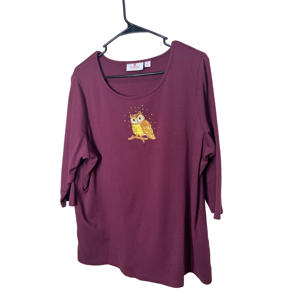 Quaker Factory Owl Embroidery 3/4 Sleeve Top‎ Burgundy Women's Plus Size 1X